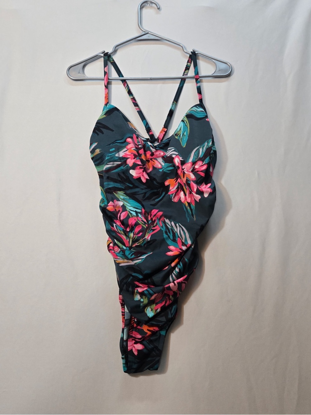 Aqua Floral One-Piece Swimsuit in Dark Teal with Pink Blooms